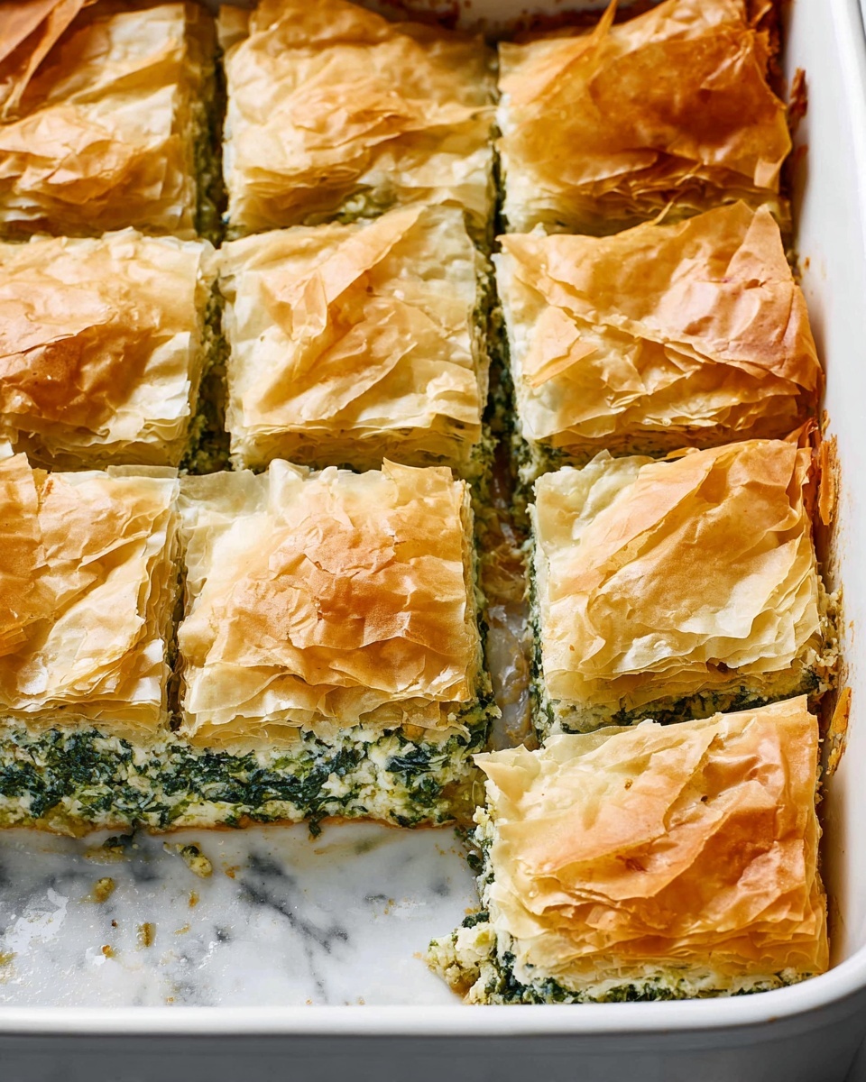 A white rectangular baking dish holds a spinach and cheese filo pastry pie cut into square pieces, showing several layers of golden flaky filo dough on top with a green filling layer visible inside, the top layer is crispy and slightly browned. One square piece is served on a white plate with a deep blue speckled pattern, showing the same golden flaky top and soft filling beneath. Nearby, a small white bowl contains sliced bright red tomatoes with a juicy texture, and another white bowl with a blue floral rim holds large green olives sitting in olive oil. A silver knife rests on a white and blue patterned cloth napkin beside the baking dish. The whole scene is set against a white marbled textured background, and a box of “The Fillo Factory” organic filo dough lies near the plate. Photo taken with an iphone --ar 4:5 --v 7