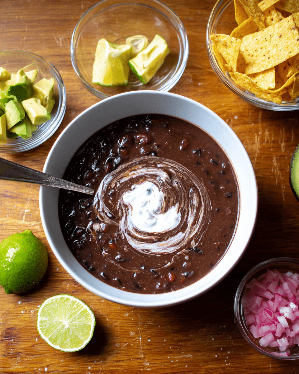 A thick, dark brown black bean soup fills a white bowl with a swirl of creamy white sour cream on top, creating a marbled effect; a silver spoon rests inside the bowl on the left side. Around the bowl are small clear glass bowls containing light yellow tortilla chips, green avocado cubes, and thinly sliced red onions in a pink liquid, all placed on a wooden surface with lime wedges scattered nearby. Photo taken with an iphone --ar 4:5 --v 7