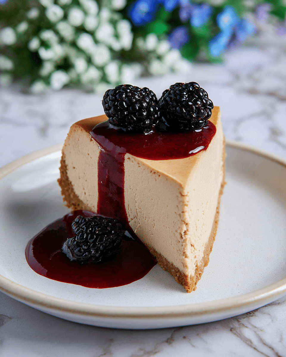 A single slice of cheesecake with a smooth, light beige creamy layer and a slightly brown, baked top layer sits on a white plate. Bright red berry sauce is poured over the top, running down the sides and pooling on the plate, topped with two plump, dark blackberries, one on top and one beside the slice. The plate is placed on a white marbled surface with blurry green and blue flowers in the background. Photo taken with an iphone --ar 4:5 --v 7