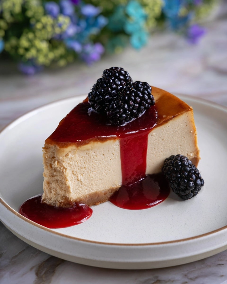 The image shows one slice of cheesecake placed in the center of a white round plate. The cheesecake has two visible layers: a creamy light beige base with a smooth and dense texture, topped by a thin, glossy golden brown layer. A bright red sauce is poured over the top of the cheesecake slice, flowing down the sides and pooling on the plate. Two fresh blackberries are placed on top of the slice and another blackberry sits beside it on the plate, contrasting with the red sauce. The plate rests on a white marbled surface with blurred green and blue flowers in the background. Photo taken with an iphone --ar 4:5 --v 7