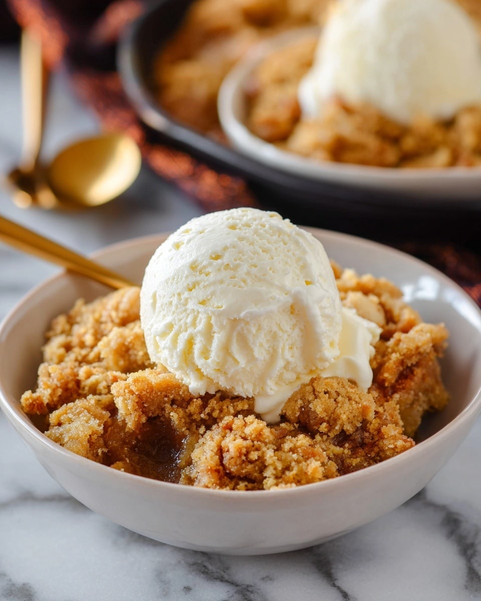 A round dessert in a black cast iron skillet with a crumbly, golden brown topping that covers the entire surface. Near the center, three creamy white scoops of ice cream sit close together, slightly melting onto the crumbly layer. A golden spoon is scooping a portion from the bottom right side, revealing a moist, darker brown layer beneath the crumb topping. The skillet is placed on a dark gray cloth, and in the blurred background, small orange pumpkins and colorful autumn leaves add a warm, festive feel. The surface beneath everything is a white marbled texture. photo taken with an iphone --ar 4:5 --v 7