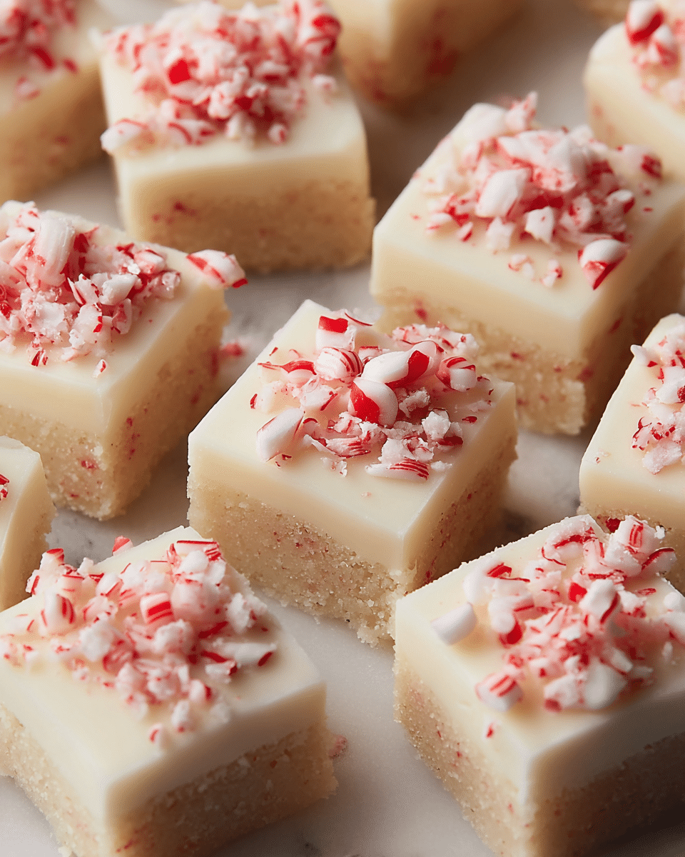 The image shows small square treats arranged closely together on a white marbled surface. Each piece has two visible layers: the bottom layer is a light beige, crumbly cookie base, and the top layer is a smooth, creamy white icing. On top of the icing, there are small piles of crushed candy cane pieces, which are white with bright red stripes, adding a textured and colorful contrast. The treats have clean edges and a soft, glossy finish on the icing. photo taken with an iphone --ar 4:5 --v 7