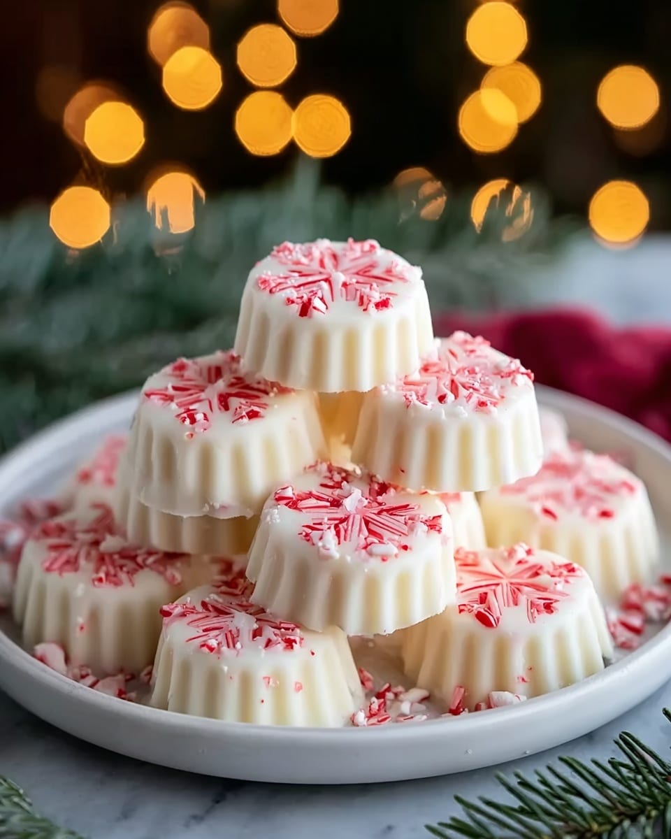The image shows a white round plate on a white marbled surface, piled high with about ten small, round white peppermint treats. Each treat has a scalloped edge and is topped with red sprinkles in a snowflake or starburst pattern. The peppermint candies look creamy and solid with smooth textures, stacked in a small mound with some at the bottom supporting those on top. The background includes blurred green fir branches and warm yellow bokeh lights, hinting at a festive or holiday setting. photo taken with an iphone --ar 4:5 --v 7