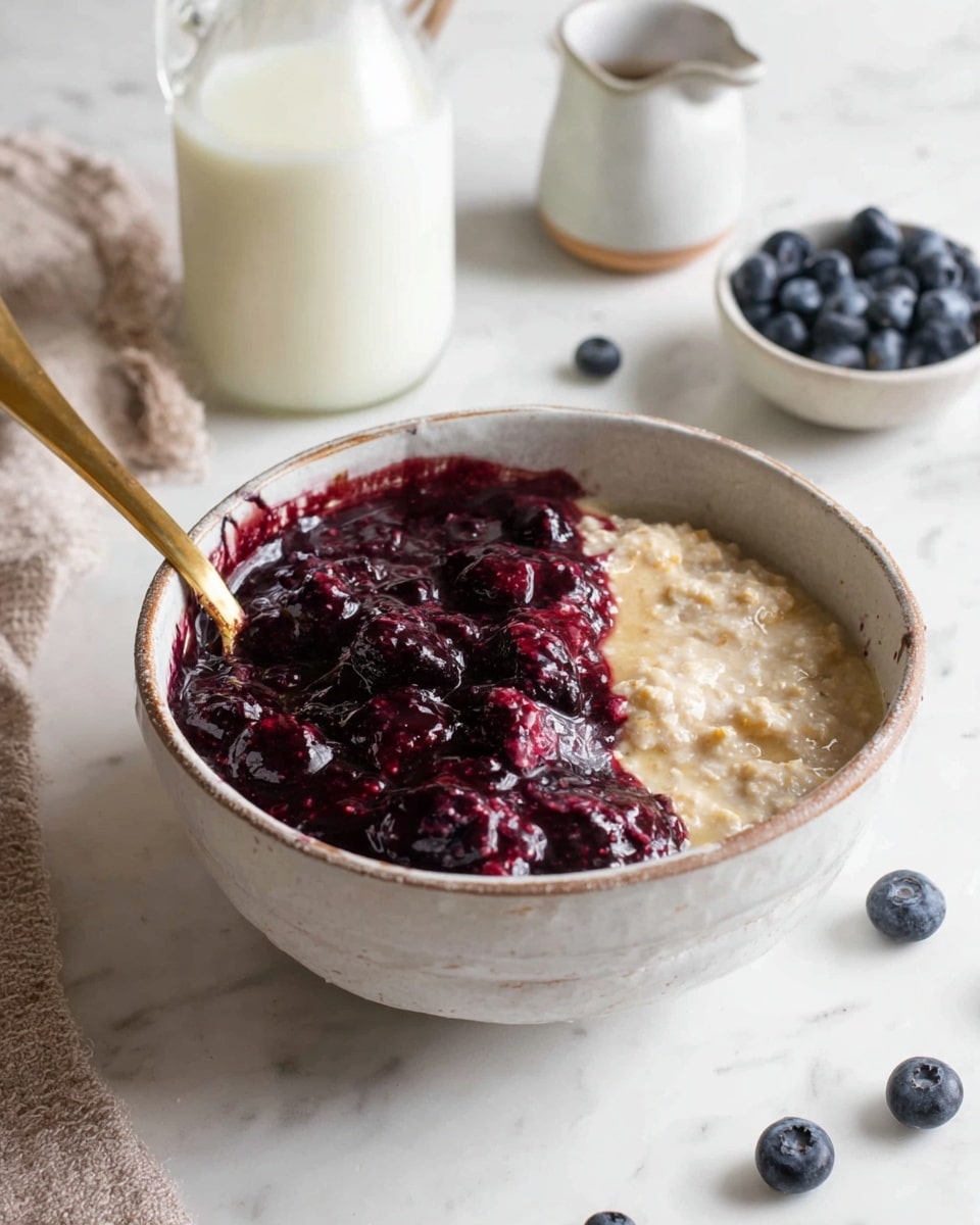 A white, rustic bowl holds two main layers divided side by side: on the left, a thick, deep purple berry compote with a glossy, chunky texture filled with whole berries, and on the right, creamy, beige oatmeal softly mixed with milk, appearing smooth and warm. A golden spoon is partially buried in the oatmeal side. In the background, a glass bottle of milk and a small white and gray jug sit on a white marbled surface, with scattered fresh blueberries around. Photo taken with an iphone --ar 4:5 --v 7