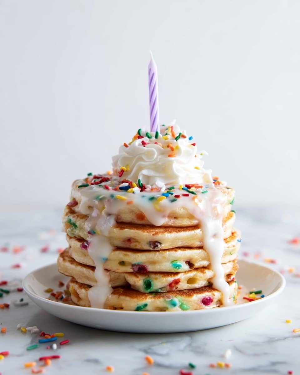 A stack of four thick, round pancakes with visible red, green, purple, and orange sprinkles mixed inside each one, stacked on a white plate set against a white marbled background. The pancakes have a golden-brown cooked surface and creamy white glaze dripping down the sides from the top pancake. The top pancake is decorated with colorful round and rod-shaped sprinkles scattered across the glaze and topped by a dollop of white whipped cream. Photo taken with an iphone --ar 4:5 --v 7