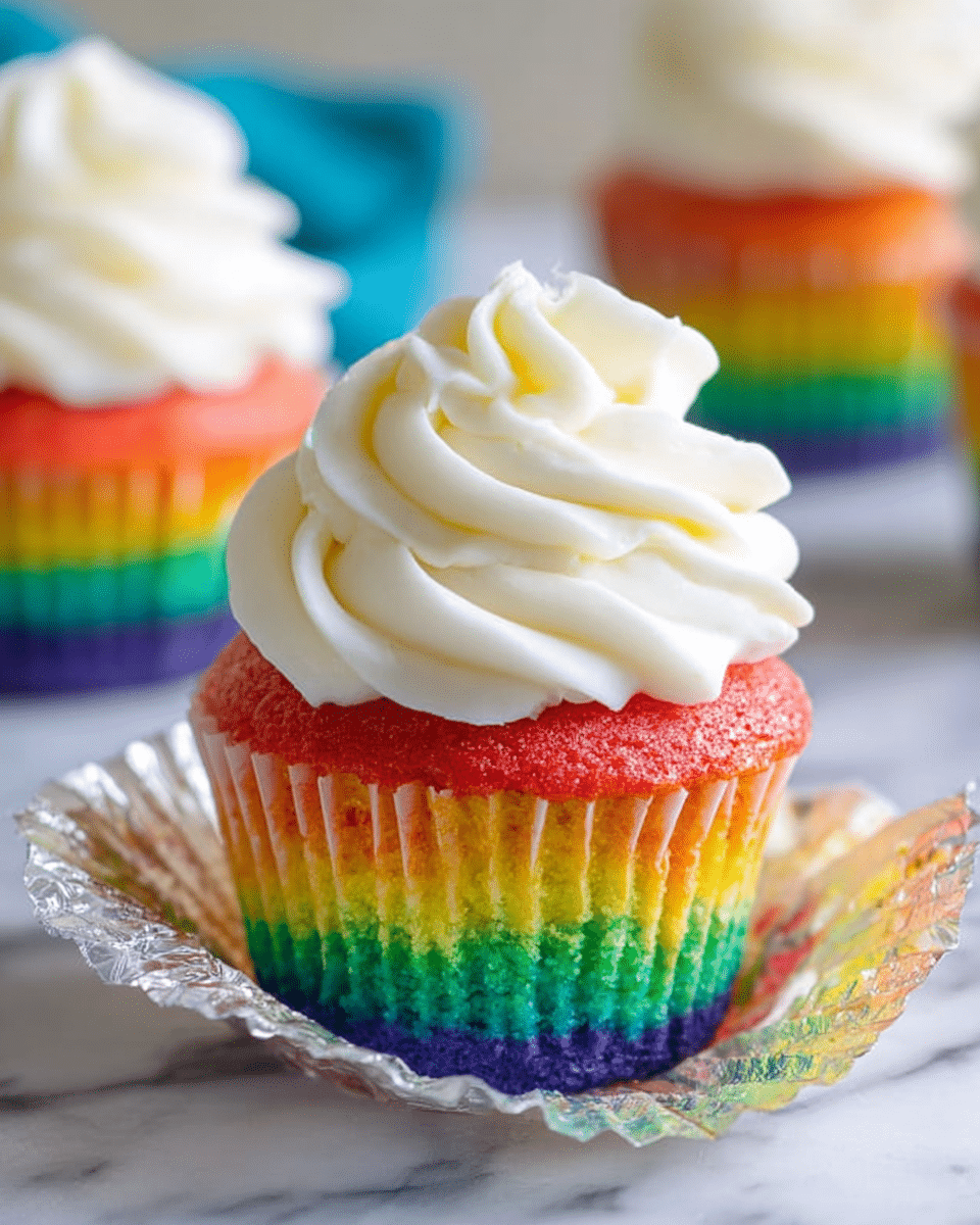 A cupcake with six colorful layers, starting from the bottom with purple, then blue, green, yellow, orange, and topped with a bright red layer. On top of the cupcake is a thick swirl of smooth, white frosting with soft, curvy peaks. The cupcake sits in a white cupcake liner that matches its colorful layers, and the background shows another slightly blurred cupcake with white frosting on a white marbled surface. photo taken with an iphone --ar 4:5 --v 7