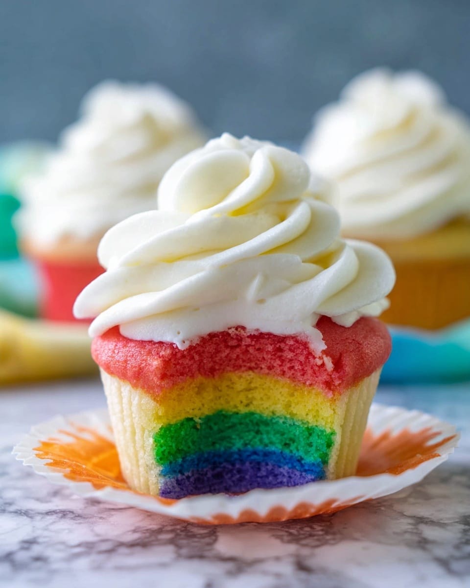 A close-up view of a rainbow cupcake with six distinct layers of bright colors, starting from purple at the bottom, then blue, green, yellow, orange, and red at the top. The cupcake is set in a shiny silver liner that is partially peeled back and placed on a white marbled surface. On top of the red cake layer is a thick swirl of smooth, white whipped frosting, with soft, rounded ridges and peaks. The background is softly blurred, showing parts of another similar cupcake and hints of a blue object. Photo taken with an iphone --ar 4:5 --v 7