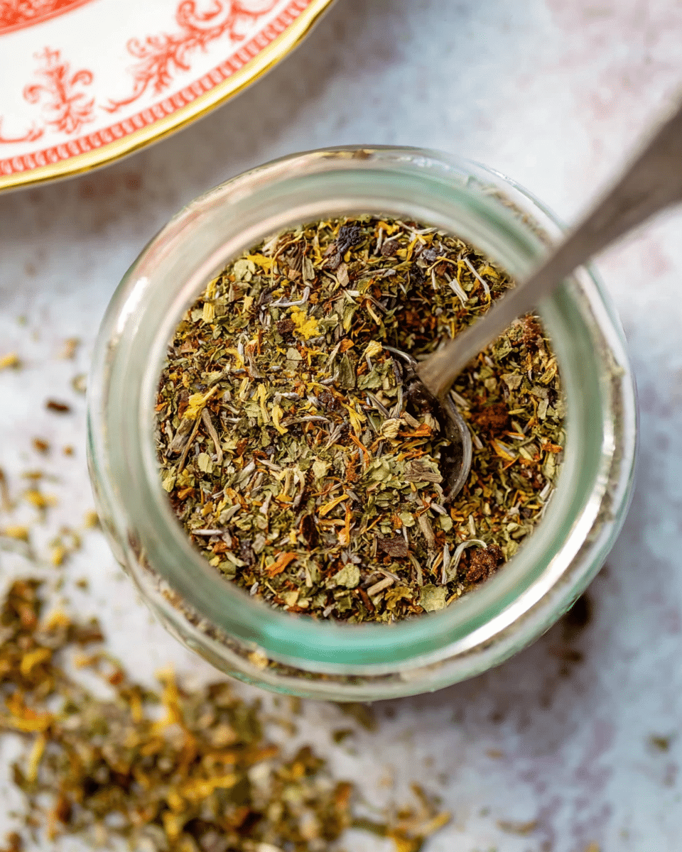A close-up top view of a clear glass jar filled with a mix of dried herbs and spices in green, yellow, brown, and a few red tones, with a small silver spoon resting inside. The jar is placed on a white marbled surface, and some herb mixture is scattered outside the jar near the bottom left corner. Part of a white plate with a red and gold edge is visible near the top left, slightly out of focus. photo taken with an iphone --ar 4:5 --v 7