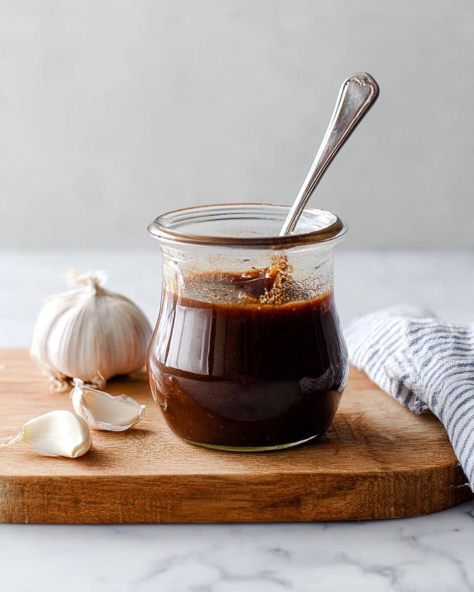 A small clear glass jar filled halfway with thick, dark brown sauce with a slightly glossy texture, sitting on a light wooden cutting board that rests on a white marbled surface. A silver spoon stands inside the jar, its handle sticking out at the top. To the left of the jar, there is a whole garlic bulb with papery white skin and some loose garlic skin nearby, next to a folded kitchen towel with blue stripes on a white background. The background behind the jar is plain and light gray. Photo taken with an iphone --ar 4:5 --v 7