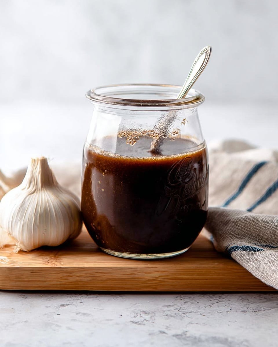 A clear glass jar filled about halfway with thick dark brown sauce, the texture smooth but dense, with a spoon partially inside the jar. Next to the jar is a whole garlic bulb, off-white in color with papery skin and some cloves visible. The jar and garlic sit on a light wooden cutting board with a neutral cloth that has blue stripes on the edge. All this is placed on a white marbled surface with a soft light background. photo taken with an iphone --ar 4:5 --v 7