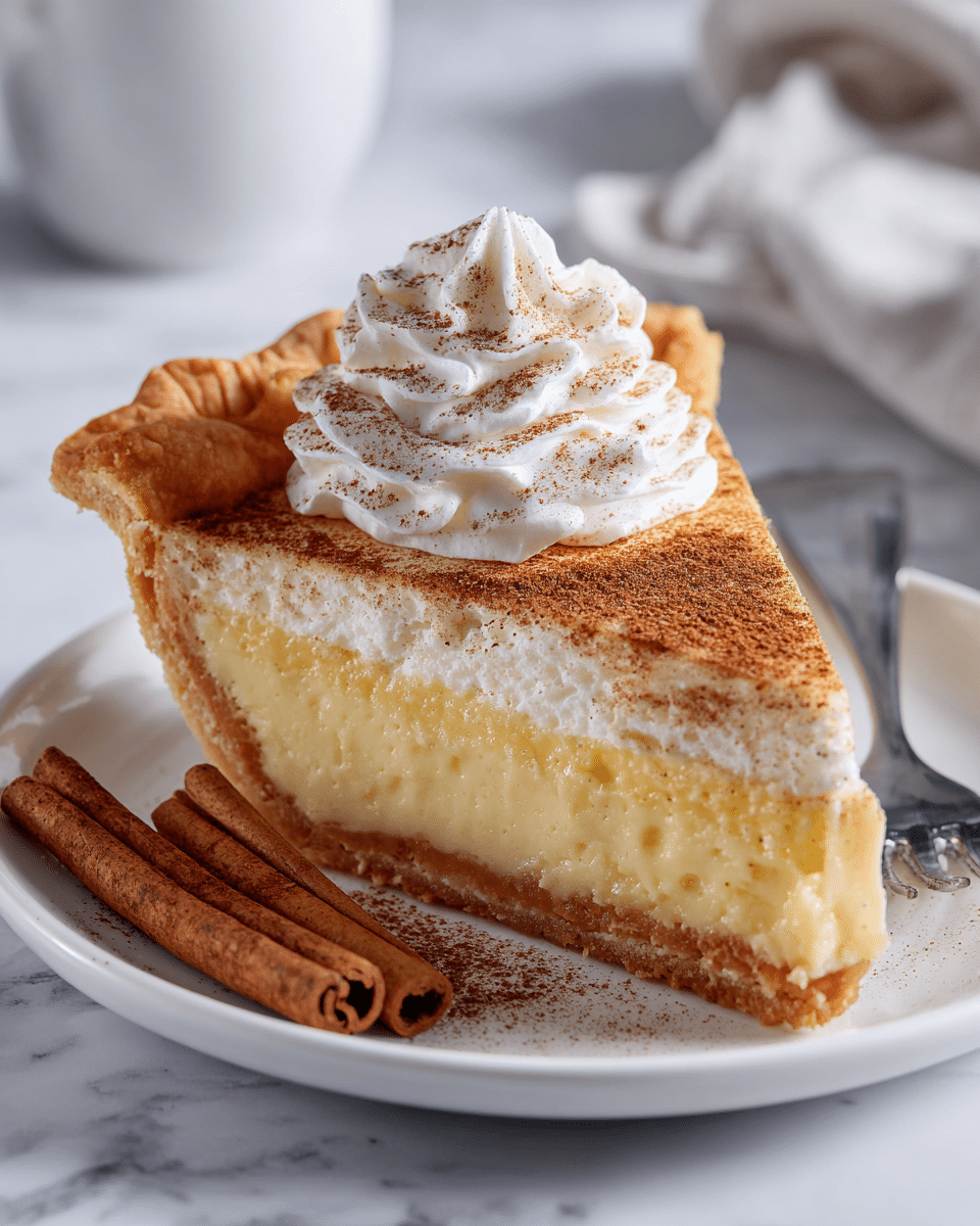 A white plate holds a slice of pie with three clear layers: a crumbly brown crust on the bottom, a thick creamy white filling in the middle, and a thin layer of brown cinnamon powder dusted on top. A large swirl of white whipped cream sits on the pie, sprinkled with a little cinnamon. Two cinnamon sticks rest next to the pie, and a silver fork lies on the plate beside the slice. The plate is on a white marbled surface with soft bokeh lights and blurred cozy elements in the background. photo taken with an iphone --ar 4:5 --v 7