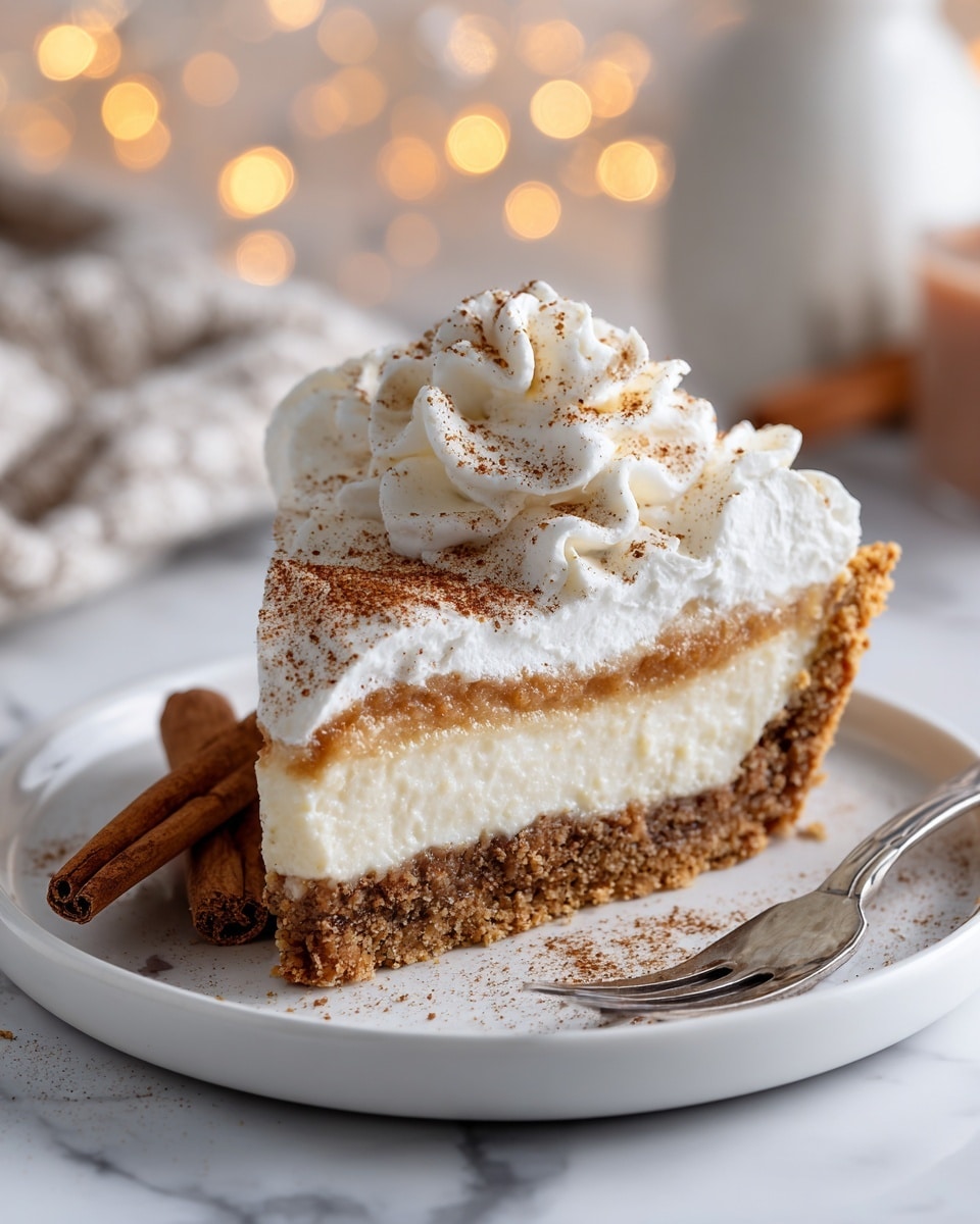 A slice of pie with three visible layers sits on a white plate set on a white marbled surface. The bottom layer is a golden-brown crust that looks crisp and slightly thick. The middle layer is a light yellow, creamy custard filling with a smooth and slightly textured surface. The top layer is dusted with fine brown cinnamon powder, covering the entire slice. At the very top, there is a swirl of fluffy white whipped cream, also sprinkled with cinnamon powder. To the left of the slice are three cinnamon sticks. A silver fork is placed on the plate’s edge near the crust. Photo taken with an iphone --ar 4:5 --v 7