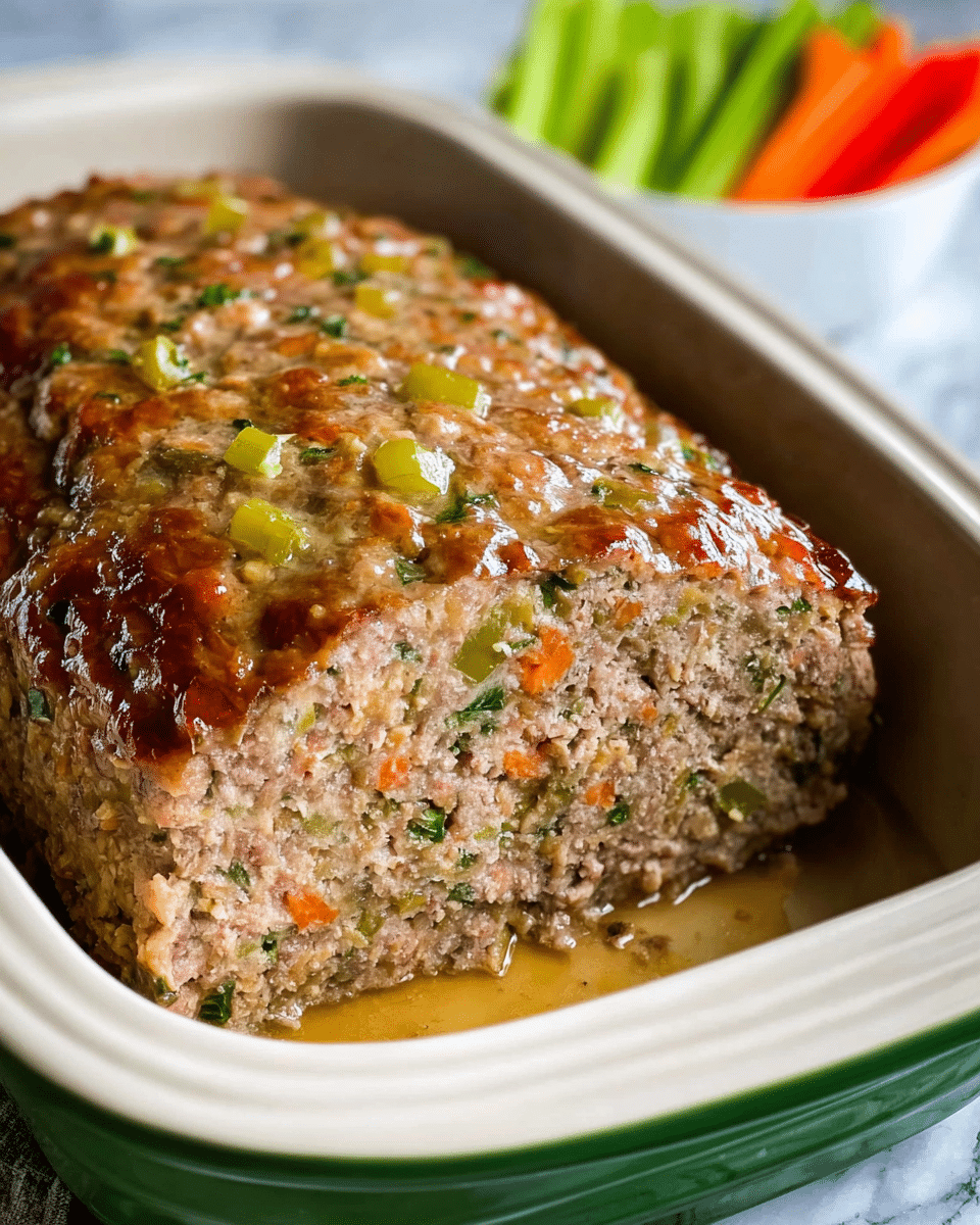 A loaf-shaped meatloaf sits in a white ceramic loaf pan with a green rim, resting on a white marbled surface. The top of the meatloaf is golden brown with a slightly glossy texture and small visible chunks of vegetables like green celery and orange carrots dotted throughout. The cut end of the meatloaf reveals a dense and moist interior mixed with finely chopped vegetables and herbs, showing a layered texture of ground meat and seasoning. Some juices have pooled at the bottom inside the pan, adding a glistening effect. In the background, there is a blurred white bowl filled with colorful fresh vegetable sticks. photo taken with an iphone --ar 4:5 --v 7