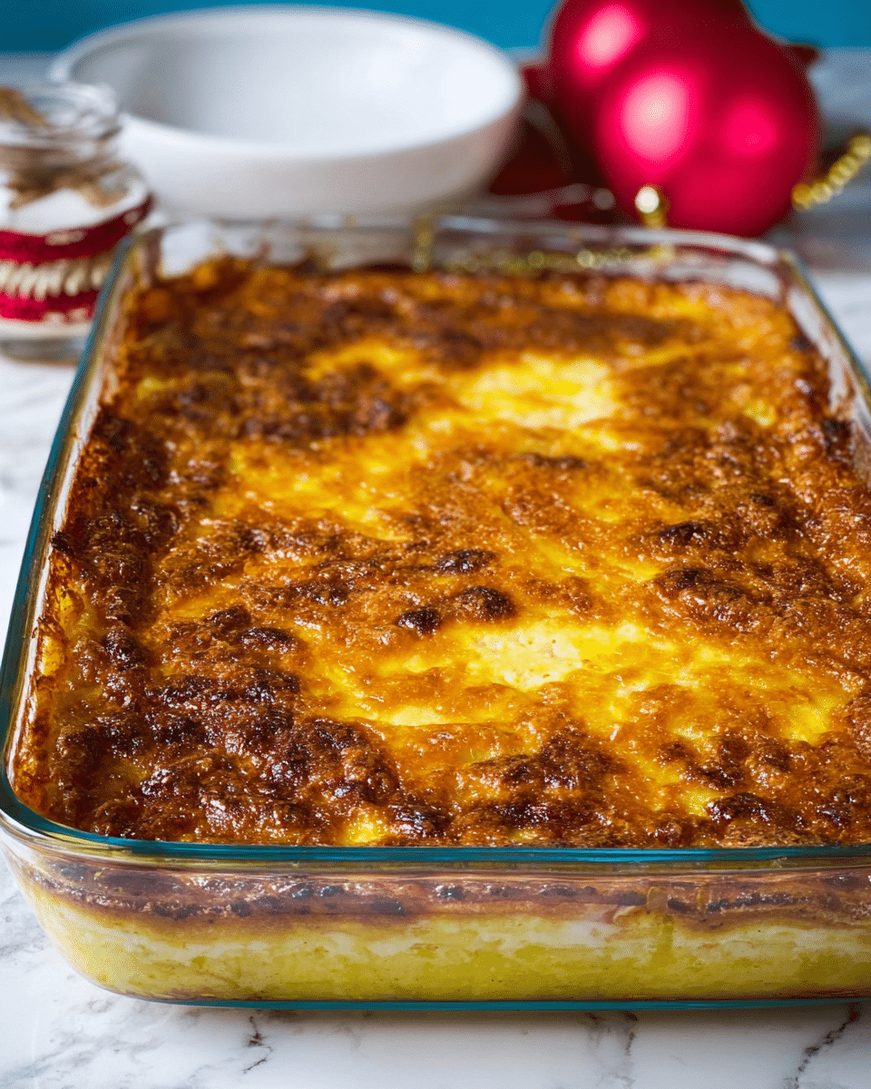 A white plate holds a two-layer dessert with a golden brown, crumbly top layer and a bright yellow, moist bottom layer. On top sits a large, fluffy swirl of white whipped cream sprinkled with light brown cinnamon powder. A silver spoon rests on the plate, smeared with some of the yellow layer and covered with a bit of whipped cream. In the background, there is a blurred white bowl and a red ornament with gold swirls, all set on a white marbled surface. Photo taken with an iphone --ar 4:5 --v 7