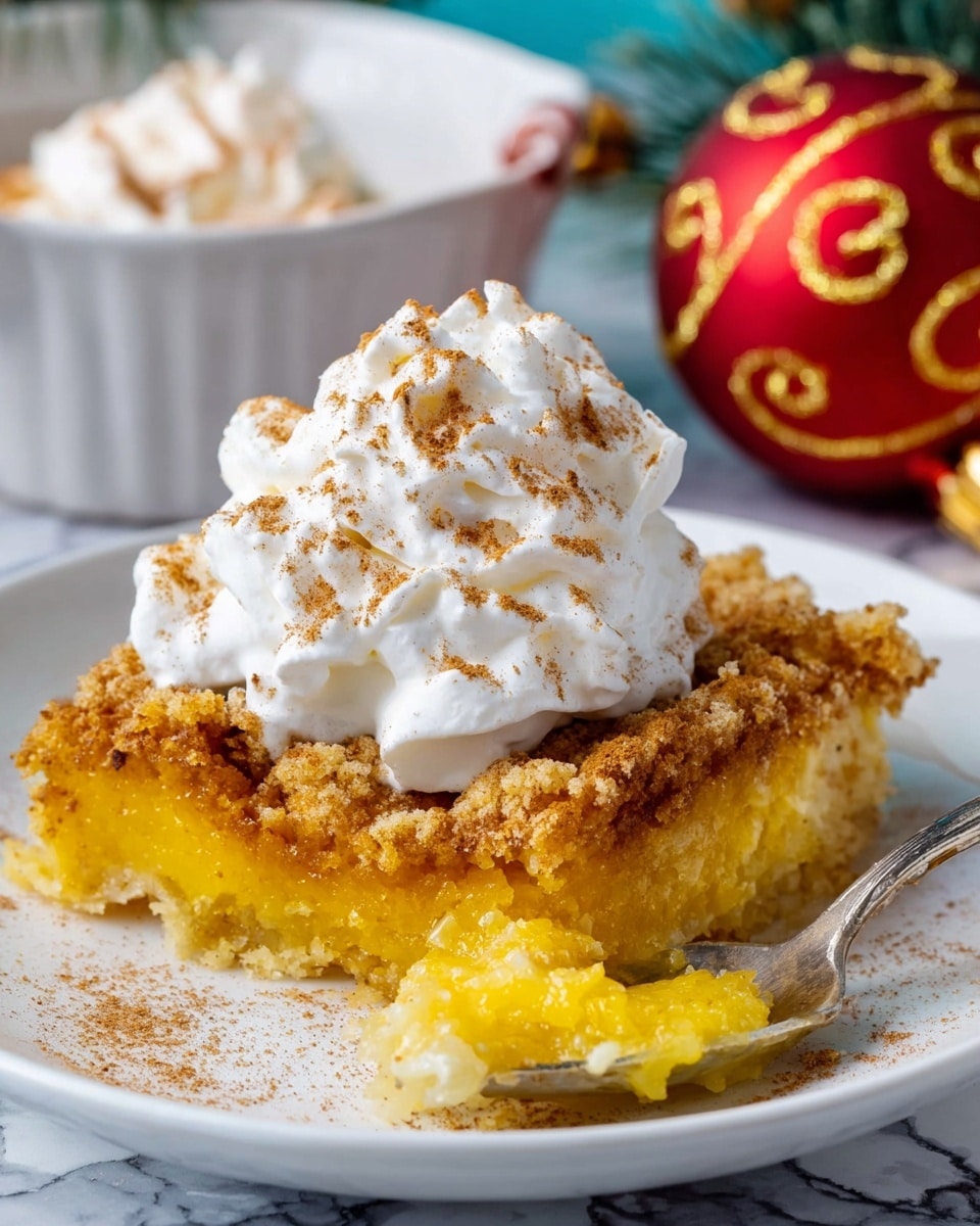A golden brown baked dish in a clear glass rectangular pan shows a thick top layer with a crispy texture, slightly darker brown spots scattered throughout, and some bubbling yellow custard or sauce visible just beneath the surface along the edges. The top crust looks uneven with a mix of rough and smooth areas, indicating a rich baked mixture. Behind the pan, a white bowl is partially visible on the left, along with a decorated red orb and a small light-colored jar, all placed on a bright white marbled surface. photo taken with an iphone --ar 4:5 --v 7