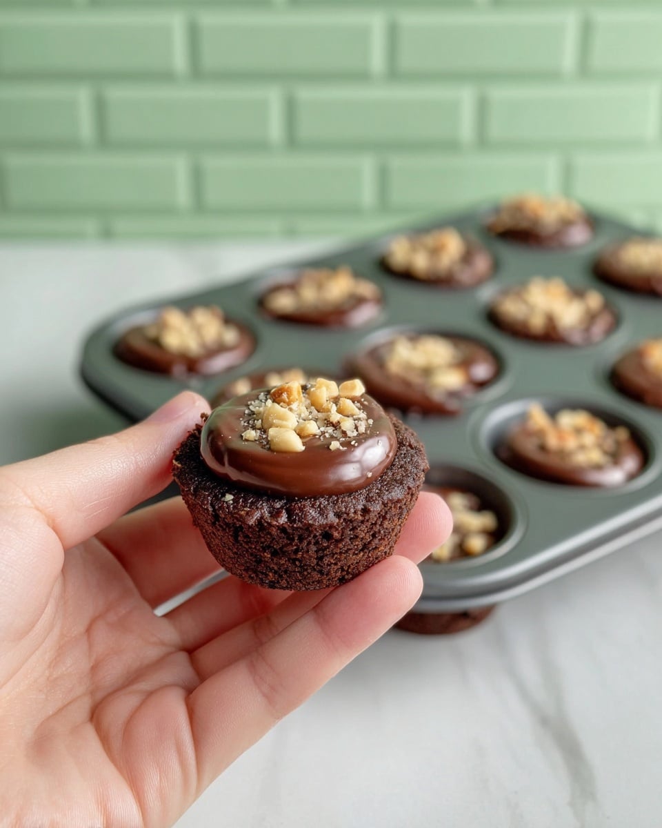 A woman's hand holding a small chocolate dessert with two layers: the bottom is a dark brown, rough-textured brownie base, and the top is a smooth, glossy layer of chocolate ganache in dark brown, sprinkled with light tan crushed nuts. In the background, a metal muffin tray filled with similar desserts rests on a white marbled surface, with a light green brick wall behind it. Photo taken with an iphone --ar 4:5 --v 7
