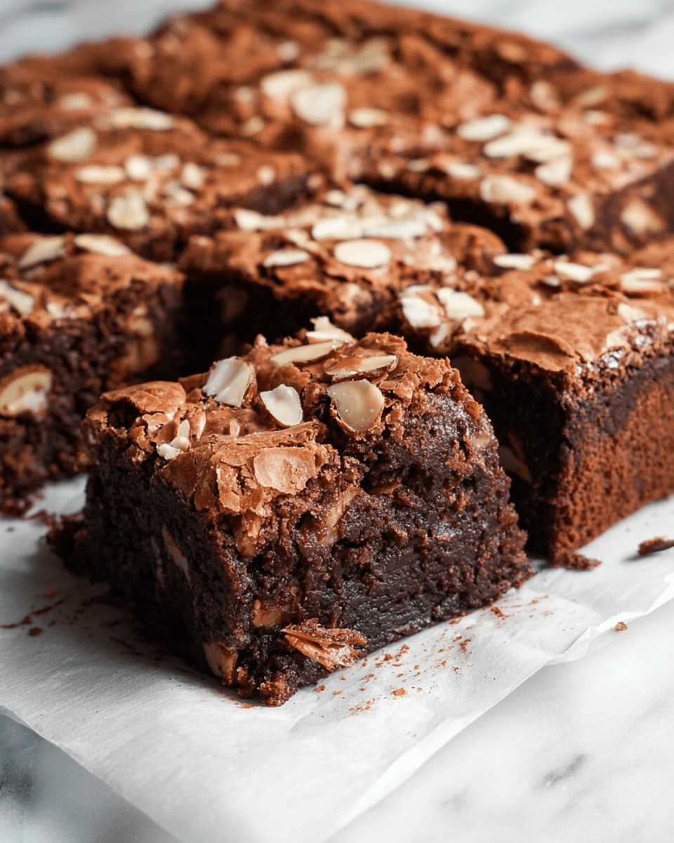 A thick brownie cut into square pieces sits on white parchment paper over a white marbled surface. The brownie shows two clear layers: the bottom layer is dense, dark brown, and fudgy with small nut pieces inside, while the top layer is a lighter brown with a cracked texture and sprinkled with slivered almonds. The brownie edges are firm, and one piece is pulled slightly forward, showing a rich, moist inside. Photo taken with an iphone --ar 4:5 --v 7