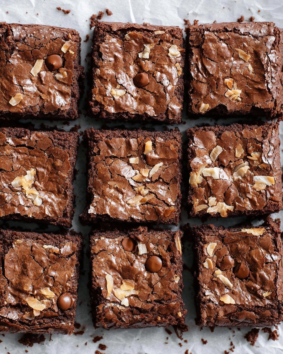 A close-up top view of a tray of 16 square chocolate brownies arranged in a 4 by 4 grid, each brownie showing a cracked shiny brown top with scattered light beige toasted coconut flakes and a few visible round chocolate chips embedded on the surface. The brownies sit on white parchment paper with small crumbs around edges, all placed on a white marbled texture. photo taken with an iphone --ar 4:5 --v 7