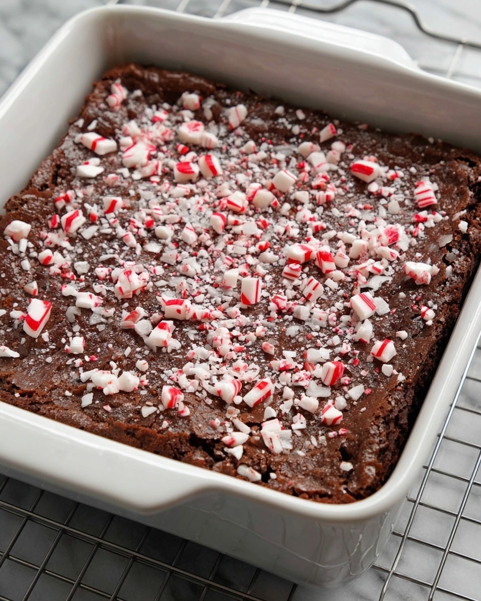 A square white ceramic dish filled with a single thick layer of baked chocolate brownie, topped evenly with crushed white and red peppermint candy pieces that add a speckled texture and color contrast to the dark brown surface. The brownie has a slightly cracked surface showing moistness underneath, with the candy bits scattered more densely in the center and tapering slightly towards the edges. The dish is placed on a white marbled surface with a metal wire rack partly visible underneath. photo taken with an iphone --ar 4:5 --v 7