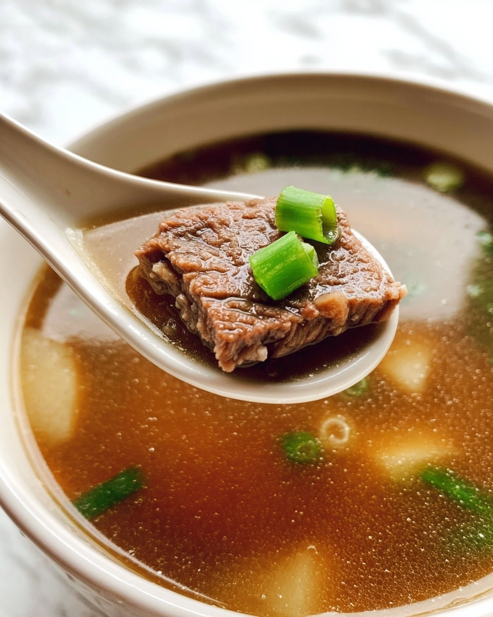 The image shows a bowl of clear brown broth with three pieces of tender cooked beef, each piece dark brown with a slightly wrinkled texture, floating alongside two thick slices of pale, translucent white radish. On top of the beef and radish, there is a small pile of finely chopped bright green onions that add a fresh, vibrant color contrast. The soup is served in a speckled bowl with a light beige rim and sits on a white marbled surface with a white cloth partially visible beneath the bowl. Photo taken with an iphone --ar 4:5 --v 7