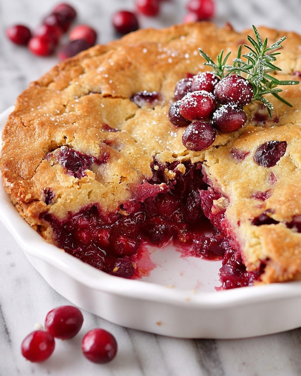 A slice of cranberry dessert has three main layers: the bottom layer is light golden crust, the middle layer is bright red and packed with whole cranberries and some nuts, and the top layer is a crumbly golden crust dusted with white powdered sugar. On top of the slice sits a round scoop of pale yellow ice cream, garnished with a green rosemary sprig and a dark red cranberry. The dessert rests on a simple white plate with a thin gold rim, with scattered whole cranberries around the plate. The background is a white marbled texture with a blurred white pie dish and a wooden table surface. photo taken with an iphone --ar 4:5 --v 7