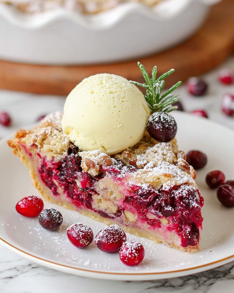 The image shows a cranberry pie in a white pie dish on a white marbled surface. The pie has two visible layers: a golden-brown cracked crust on top with baked cranberries scattered within and a deep red, soft cranberry filling underneath. A slice is cut out revealing the thick, juicy filling with a textured, crumbly crust. Fresh cranberries and a small sprig of rosemary with sugar sprinkled on the cranberries adorn the top right of the pie. Additional fresh cranberries are scattered around the pie on the white marbled surface. Photo taken with an iphone --ar 4:5 --v 7