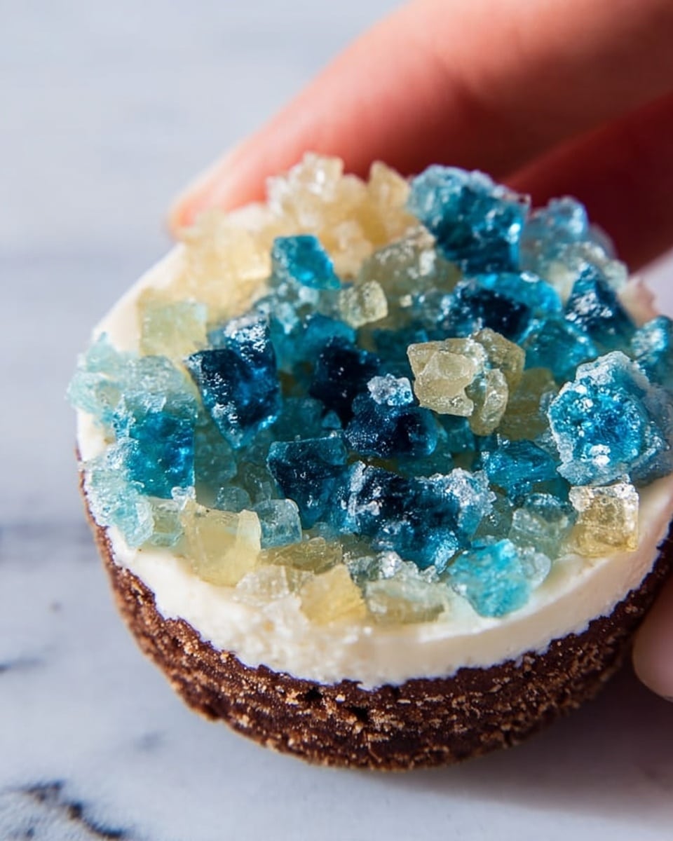 Close-up of four cookie cups on a white plate, each with three visible layers: the outer layer is a thick, rough dark brown cookie shell; inside, there is a smooth white cream layer filling most of the cup; on top, colorful crushed candy pieces are sprinkled, with one cup showing deep red and light yellow candy bits, another with bright blue and pale yellow candy, and a third with yellow and white candy nuts. The four cookie cups are arranged closely on a white marbled surface. photo taken with an iphone --ar 4:5 --v 7