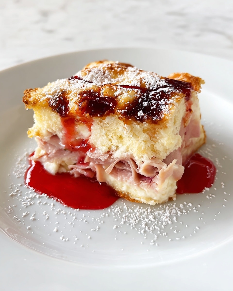 A single serving of a mixed dessert sits at the center of a white plate on a white marbled surface. The dish has two main layers: the bottom layer is soft and light beige with some crispy, browned edges, showing a mix of textures including shredded pieces. The top layer is drizzled with a glossy, deep red sauce that pools slightly on the surface and contrasts with a light dusting of fine white powdered sugar sprinkled unevenly over the whole dessert and plate. There are also small bits of toasted or caramelized brown pieces scattered across the top. photo taken with an iphone --ar 4:5 --v 7