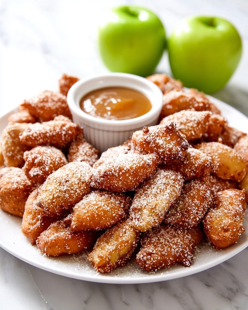 A white plate is filled with many small, golden-brown fried pieces of apple fritters dusted with white powdered sugar and cinnamon, creating a textured and slightly rough look on the surface of each piece. In the center back of the plate, there is a small white ramekin filled with smooth, shiny caramel sauce, rich in a light brown color. Behind the plate, two whole green apples add a fresh green contrast to the warm tones of the fritters. The whole setup rests on a white marbled surface, giving a clean and bright background. photo taken with an iphone --ar 4:5 --v 7