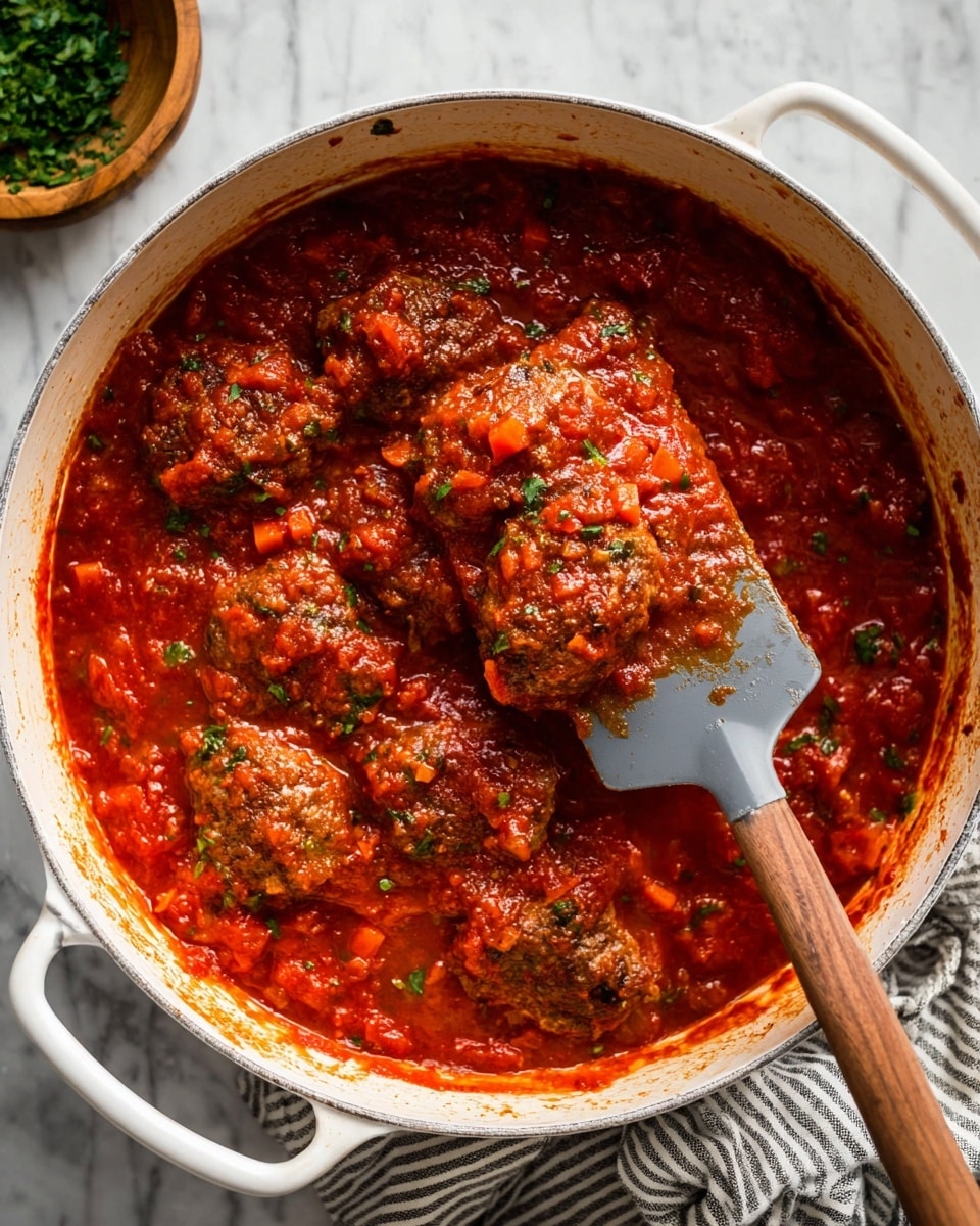 A white pot filled with thick red tomato sauce that has small pieces of orange carrots and green herbs mixed in. Inside the sauce are several browned meat patties partially covered by the sauce, showing a slightly rough and juicy texture. A gray spatula with a wooden handle lifts one of the patties, coated in the sauce with bits of carrots and herbs on top. The pot sits on a white marbled surface, with part of a small wooden bowl with green herbs and a striped cloth visible on the side. The whole scene looks warm and rustic. photo taken with an iphone --ar 4:5 --v 7