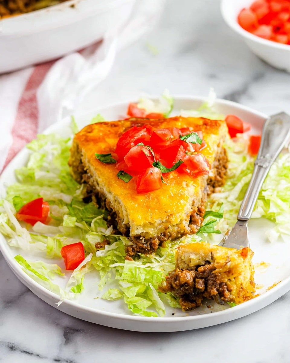 A triangle slice of baked casserole with a golden-brown melted cheese layer on top sits on a bed of shredded green lettuce on a white plate. The casserole has a visible layer of cooked ground meat mixed with cheese and vegetables in the middle. Bright red diced tomatoes are scattered over the top and around the lettuce. A silver fork holds a bite-sized piece of the casserole on the right side of the plate. The plate is placed on a white marbled surface with a partial view of another white dish in the background. photo taken with an iphone --ar 4:5 --v 7