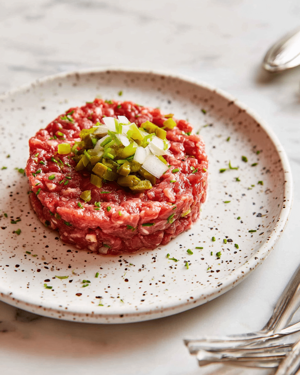 The image shows a single round serving of steak tartare placed in the center of a white plate with a speckled pattern around the edges. The tartare is reddish-pink with visible chunks of finely chopped ingredients mixed in, giving it a coarse, textured appearance. On top of the tartare, there is a small pile of finely chopped green pickles and white onions, adding a contrast of green and white colors against the red base. The plate rests on a white marbled textured surface, and in the lower right corner, a silver fork is partially visible. Photo taken with an iphone --ar 4:5 --v 7