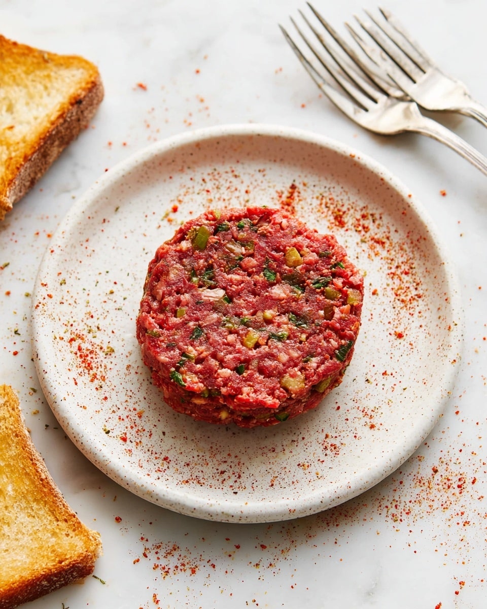 A round, thick patty composed of finely chopped raw meat mixed with small pieces of green herbs and spices, giving it a reddish and slightly speckled texture and color. It sits on a clean white speckled plate, sprinkled with red seasoning powder around the edges of the patty. The scene includes a white marbled surface background with two metal forks placed side by side to the top right and a slice of toasted bread with golden brown edges on the bottom left. Part of another similar patty on a white speckled plate is visible near the top edge, creating a simple and fresh food presentation. photo taken with an iphone --ar 4:5 --v 7