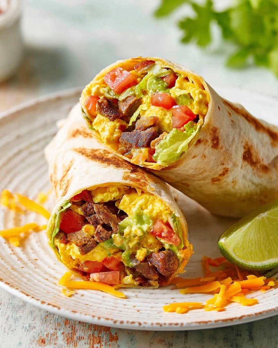 Two burritos cut in half are placed on a white plate with subtle textured edges, sitting on a white marbled surface. Each burrito has a soft, lightly browned tortilla wrap. Inside, layers include chunks of browned meat, scrambled yellow eggs mixed with diced red tomatoes and soft green lettuce, along with some light orange melted cheese. A fresh lime wedge is placed beside the burritos, and small shreds of orange cheese are scattered on the plate near the edge. In the background, a blurred green herb leaf adds a splash of color. Photo taken with an iphone --ar 4:5 --v 7