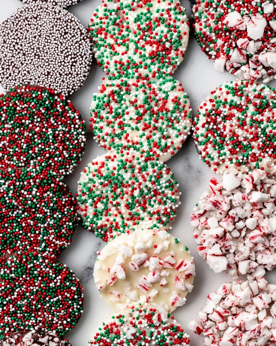 The image shows four types of round chocolate discs arranged closely on a white marbled surface. The first type has a dark chocolate base covered in tiny white nonpareil sprinkles, creating a rough texture. The second type features a white chocolate base topped with larger round sprinkles in red, green, and white, giving a colorful and festive look. The third type has a dark chocolate base coated with the same red, green, and white round sprinkles, resulting in a vibrant layered texture. The fourth type has a white chocolate base covered with crushed peppermint candy pieces in white and red, creating a chunky and textured look. Photo taken with an iphone --ar 4:5 --v 7