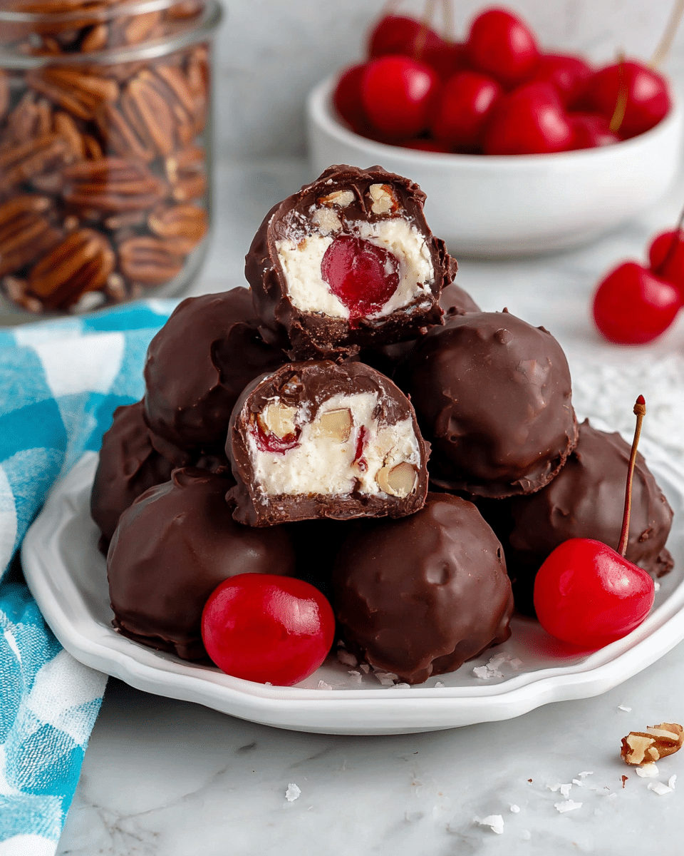 The image shows a white plate filled with round chocolate-covered balls stacked in a pyramid shape. Each ball has a smooth, dark brown chocolate coating with a slightly glossy surface. One ball at the top is cut open, revealing three layers inside: the outer thin dark chocolate shell, a middle creamy white layer with small bits of chopped nuts and coconut, and a bright red cherry center in the middle. Around the plate, there are a few red cherries with stems placed for decoration. The plate sits on a white marbled surface with a glass jar of pecans and a white bowl filled with cherries in the background. A blue and white checkered cloth is partially visible on the left side. photo taken with an iphone --ar 4:5 --v 7