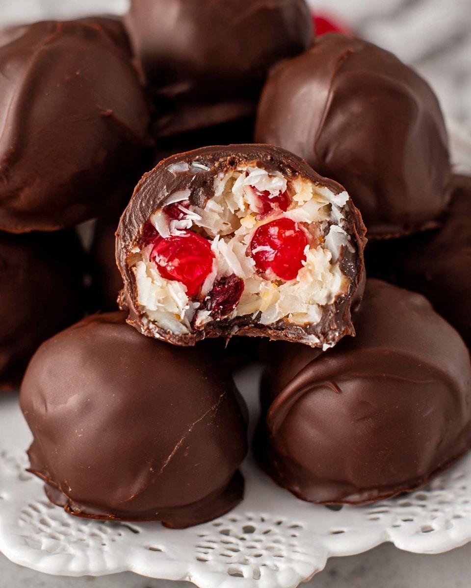 A close-up view of a chocolate-covered ball with the front one bitten in half, showing three layers inside: a smooth, dark brown chocolate shell on the outside, a creamy white filling mixed with thin coconut strands, and bright red cherry pieces scattered inside. The chocolate balls are neatly stacked, placed on a white plate with delicate cut-out patterns, and the whole setup is on a white marbled texture surface. photo taken with an iphone --ar 4:5 --v 7