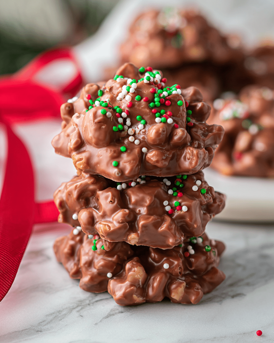The image shows a stack of four chocolate clusters, each made of rough, uneven lumps of light brown milk chocolate mixed with nuts, giving a bumpy texture. The top cluster is decorated with small round sprinkles in green, red, and white colors scattered across its surface. The stack is placed on a white marbled texture, with more chocolate clusters blurred in the background. A red ribbon is partially visible to the left side. photo taken with an iphone --ar 4:5 --v 7