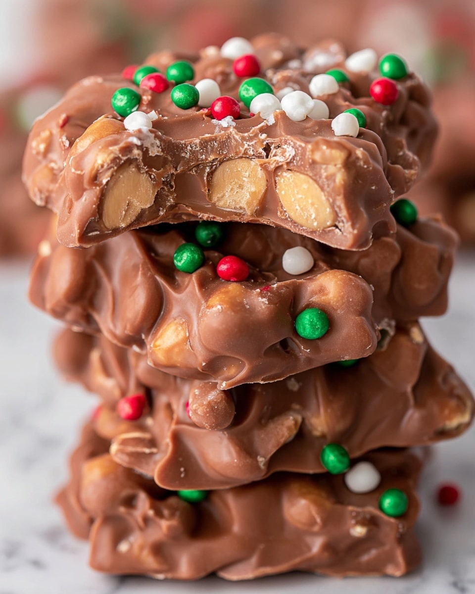 A stack of four uneven pieces of milk chocolate with whole peanuts inside, the top piece has a bite taken out showing a creamy chocolate interior with light tan peanuts. The surface of the chocolate is smooth and glossy with swirled peaks, decorated with small round sprinkles in red, green, and white colors scattered over the top. The background shows a soft focus texture that is changed to white marbled. The image is a close-up, highlighting the rich texture and nutty filling. Photo taken with an iphone --ar 4:5 --v 7