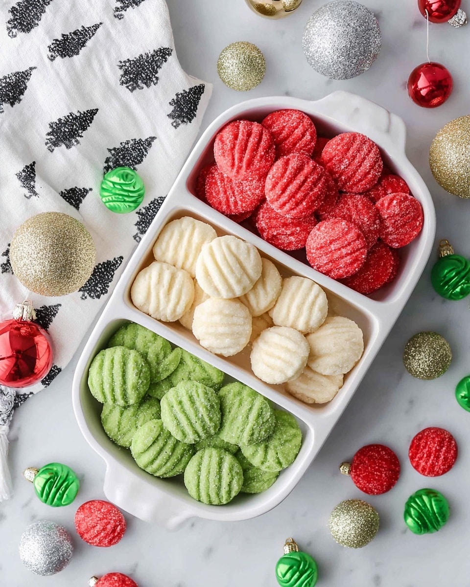 The image shows a white divided dish with three sections filled with small round cookies. The top section has bright red cookies with fork marks and a light dusting of sugar. The middle section contains white cookies with the same fork mark pattern, and the bottom section holds green cookies, also with fork marks and sugar sprinkles. Around the dish, there are scattered green and red cookies, small red, green, and cream jingle bells, and glittery decorative balls in gold, silver, white, and green. The dish is placed on a white marbled surface next to a white cloth with black tree prints. photo taken with an iphone --ar 4:5 --v 7