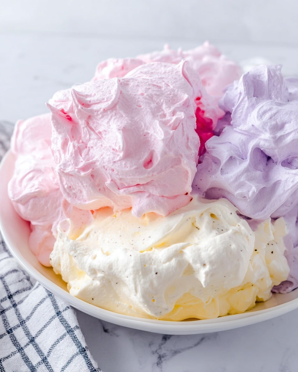 The image shows a white bowl filled with three layers of soft meringue pieces. The bottom layer is creamy white with a slightly rough texture and small darker specks. Above that is a thick layer of light pink meringue, looking fluffy with smooth peaks and curves. On the top right, there is a smaller amount of light purple meringue with a similar smooth and fluffy texture. The bowl sits on a white marbled surface with a small part of a checkered cloth visible in the lower left corner. Photo taken with an iphone --ar 4:5 --v 7