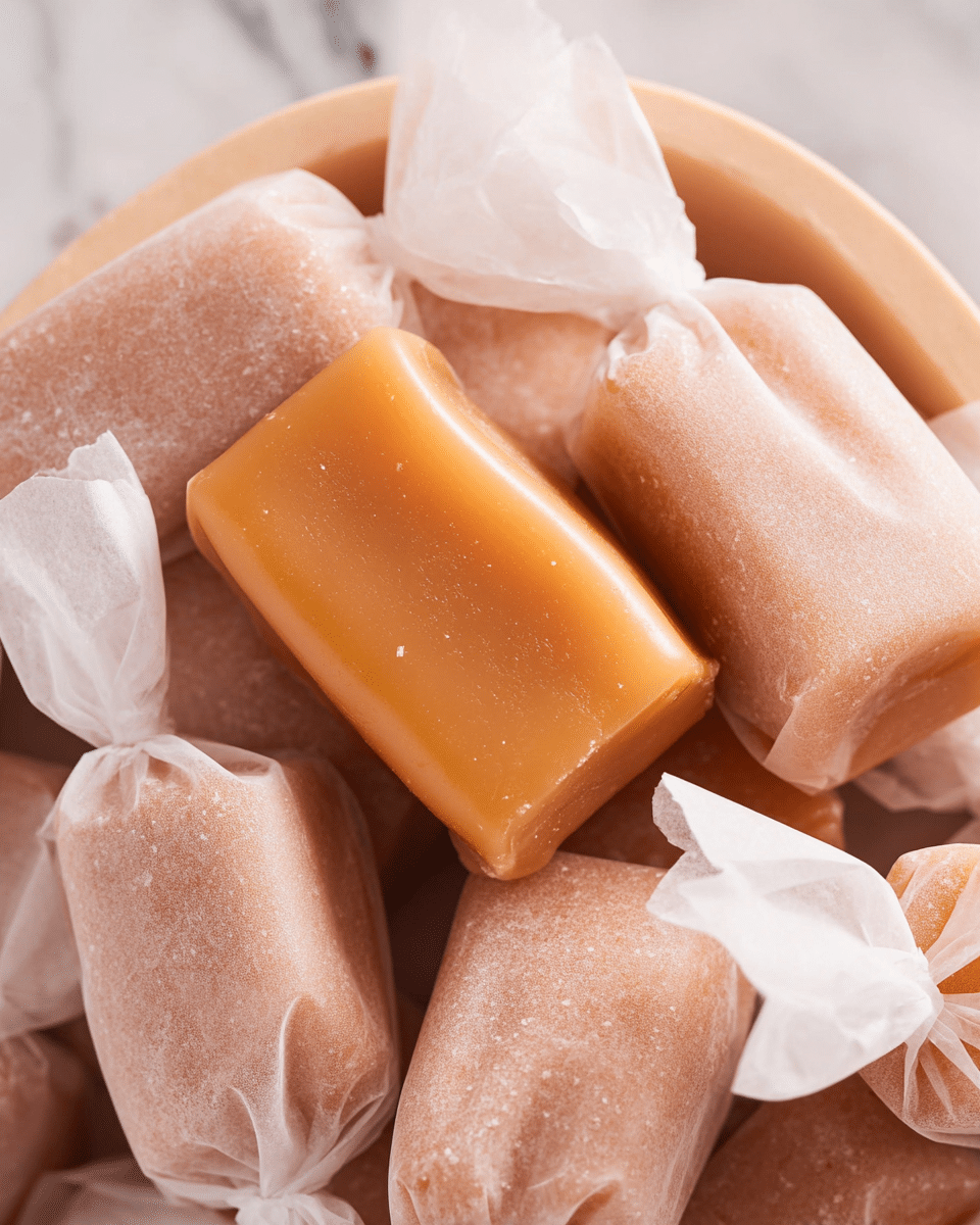 The image shows several soft caramels wrapped in light beige wax paper with twisted ends, arranged closely together with one unwrapped caramel in the center. The unwrapped caramel is smooth, shiny, and light brown, with a slightly rounded rectangular shape. The wrapped caramels have a matte, slightly frosted texture from the paper, and they are piled in a shallow container. The background has a white marbled texture that contrasts softly with the warm caramel colors. photo taken with an iphone --ar 4:5 --v 7