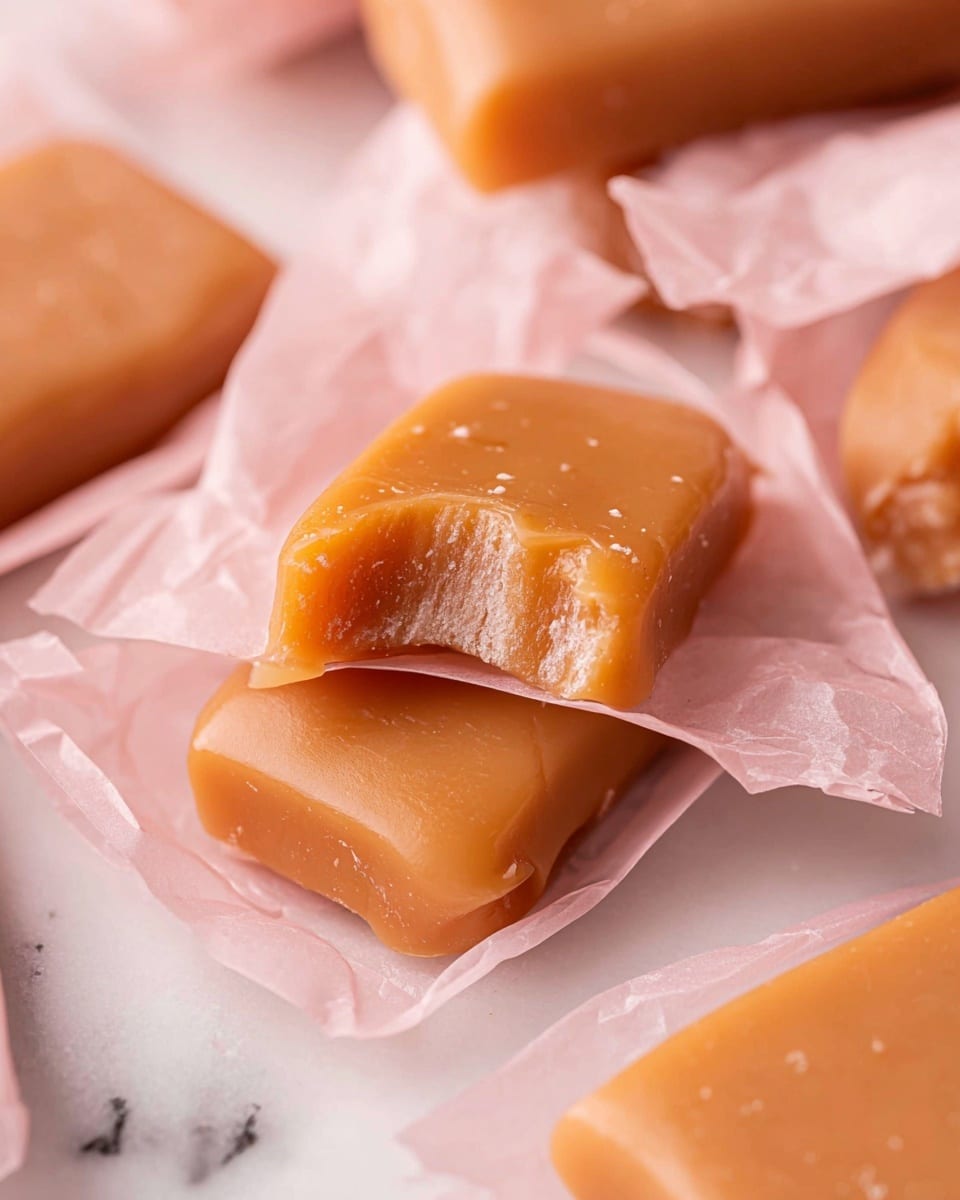 A close-up image of soft, smooth caramel squares wrapped in light pink wax paper scattered on a white marbled surface. One square with a bite taken out of it is placed on top of the wrappers, showing its chewy, glossy, light brown inside texture. The caramel has a shiny, slightly sticky surface with small bubbles and a soft, dense interior. Photo taken with an iphone --ar 4:5 --v 7