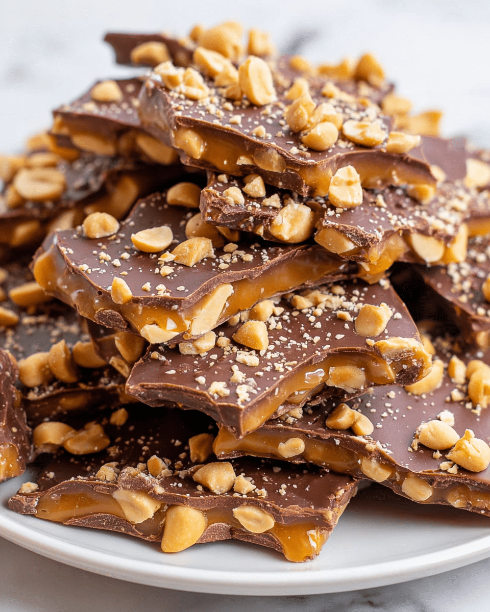 A pile of irregularly shaped chocolate peanut caramel bark pieces stacked on a white plate, each piece showing three clear layers: the bottom layer is a cluster of whole and halved peanuts with a light golden caramel layer in the middle, and the top layer is a smooth, rich dark brown chocolate sprinkled with crushed peanuts. The textures vary from the crunchy nut pieces and crushed peanut bits on top to the glossy and slightly wavy chocolate surface. The overall scene is set on a white marbled surface with close-up sharp focus highlighting the thickness and textures of the bark pieces, photo taken with an iphone --ar 4:5 --v 7
