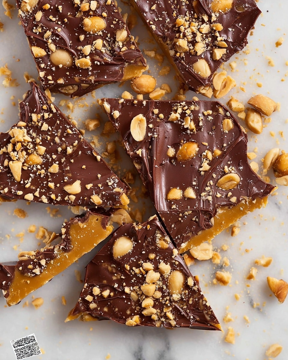 This image shows several pieces of peanut brittle with two main layers: the bottom layer is a golden caramelized peanut base with whole peanuts visible, and the top layer is a thick, smooth milk chocolate coating. The chocolate layer is dark brown with slight swirls and is sprinkled generously with crushed peanuts, giving it a crunchy texture on top. The pieces are broken into irregular triangles and scattered on a white marbled surface with some peanut crumbs around them. Photo taken with an iphone --ar 4:5 --v 7