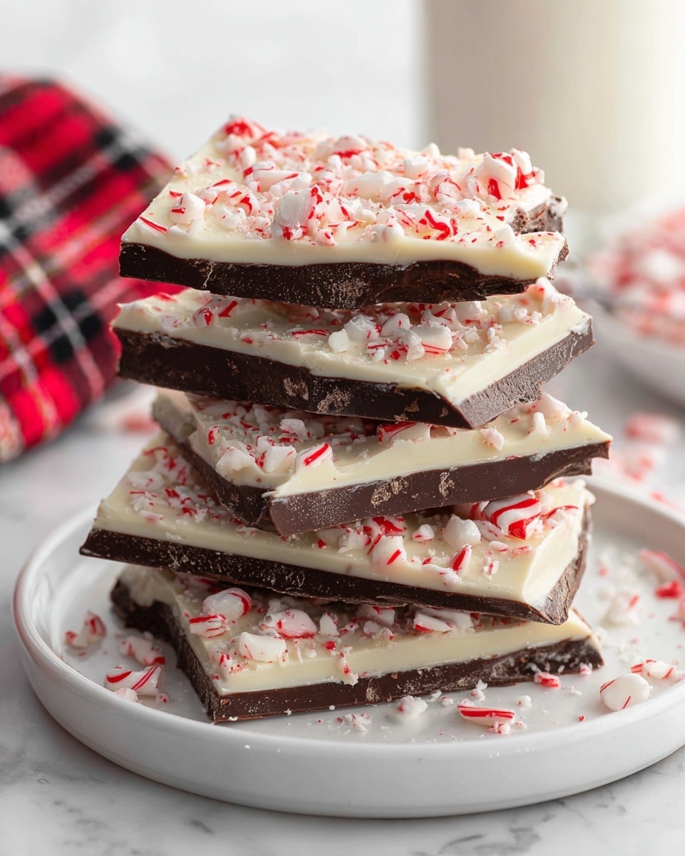 A tall stack of seven broken pieces of peppermint bark sits on a white plate, each piece showing two distinct layers: the bottom is a dark chocolate layer with a smooth but slightly rugged texture, and the top is a thicker white chocolate layer sprinkled generously with small red and white crushed peppermint candy pieces. The bark pieces are unevenly stacked, leaning a bit, and the background shows a soft white marbled texture with blurred red and black plaid and candy cane accents. The overall look is festive, creamy, and crunchy. photo taken with an iphone --ar 4:5 --v 7