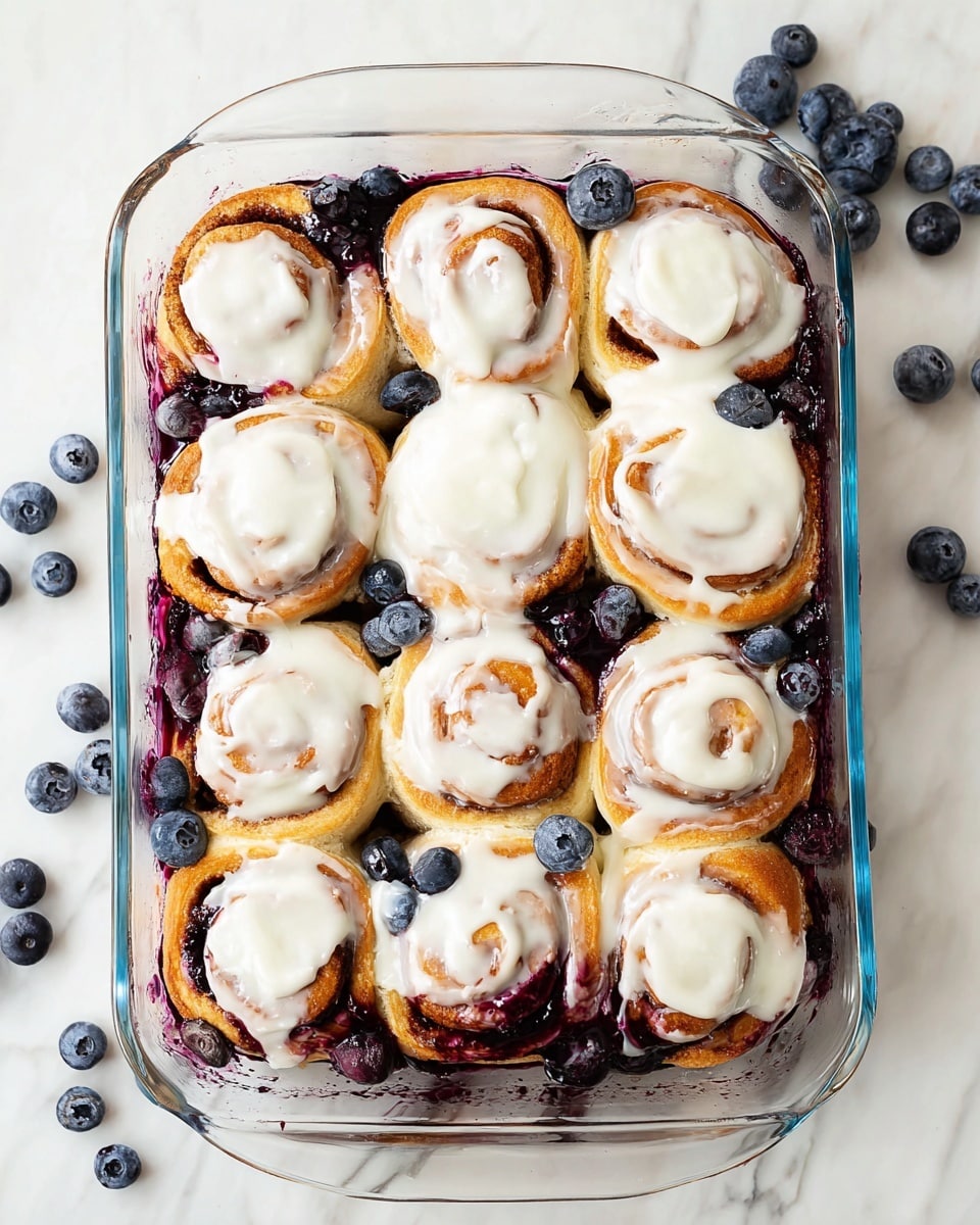 A partially eaten cinnamon roll sits on a white plate over a white marbled texture, showing three main layers: the soft golden-brown bread on the top and sides, the dark red and purple sweet berry filling in the middle oozing out, and a thick white creamy icing layer spread unevenly on the top. Three fresh blueberries are placed on the plate next to the cinnamon roll, with one blueberry resting on top of the icing. Some berry juice stains the plate, adding splashes of deep red and purple color near the cinnamon roll. In the background, a glass dish with more cinnamon rolls is slightly blurred, adding depth to the image. Photo taken with an iphone --ar 4:5 --v 7