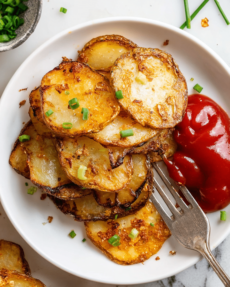 A white plate holds about three layers of golden brown fried potato slices with crispy edges and a slightly oily texture, sprinkled with small green chive pieces. On the right side of the plate is a blob of bright red ketchup, partially beneath the potato slices. A silver fork rests on the plate, its prongs piercing one potato slice at the bottom layer. The plate sits on a white marbled surface with scattered chive pieces around. photo taken with an iphone --ar 4:5 --v 7
