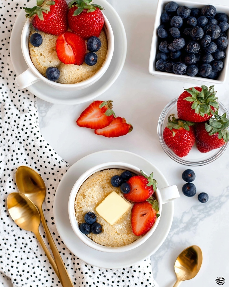 The image shows two white cups filled with a light brown, soft cake texture topped with a square pat of pale yellow butter in the center and decorated with fresh blueberries and halved strawberries around the edges. One cup is placed on a white plate with a few blueberries and a couple of strawberry slices scattered next to it, while the other cup is off to the top right. Near the cups, a small clear glass bowl is packed with dark blue blueberries, and a white container holds several whole strawberries with green leafy tops. Three gold spoons rest on a white cloth with black dotted patterns on the bottom left. The background is a white marbled texture. photo taken with an iphone --ar 4:5 --v 7