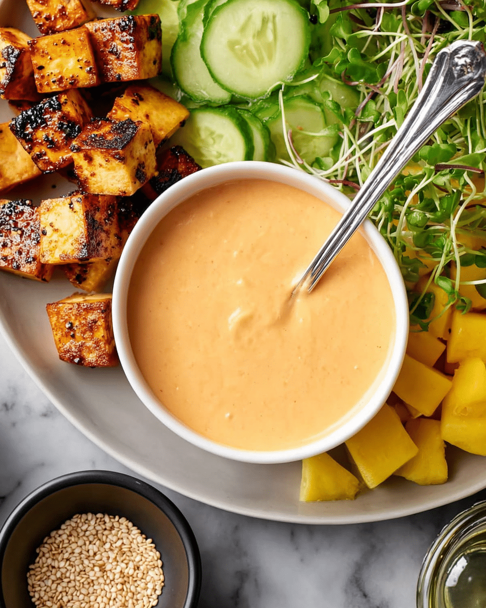 A close-up top view of a white bowl filled with smooth, creamy light orange sauce with a silver spoon inside, surrounded by four sections on a white round plate: golden-brown grilled tofu cubes with char marks on the top left, thin green cucumber slices and fresh microgreens on the right, bright yellow mango cubes at the bottom right, and a small black bowl of light tan sesame seeds near the bottom left; all items rest on a white marbled surface. photo taken with an iphone --ar 4:5 --v 7